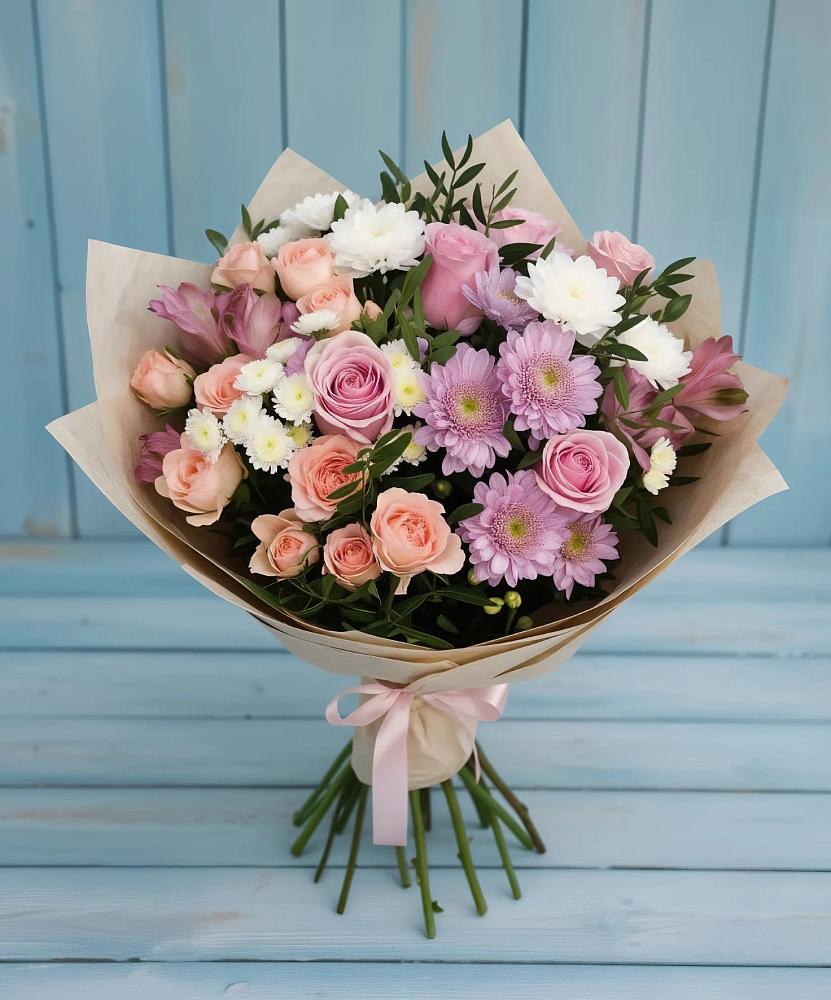 Букет цветов из: Хризантемы, Розы и Альстромерии в Александровской Кадардино-Балкарской Республики