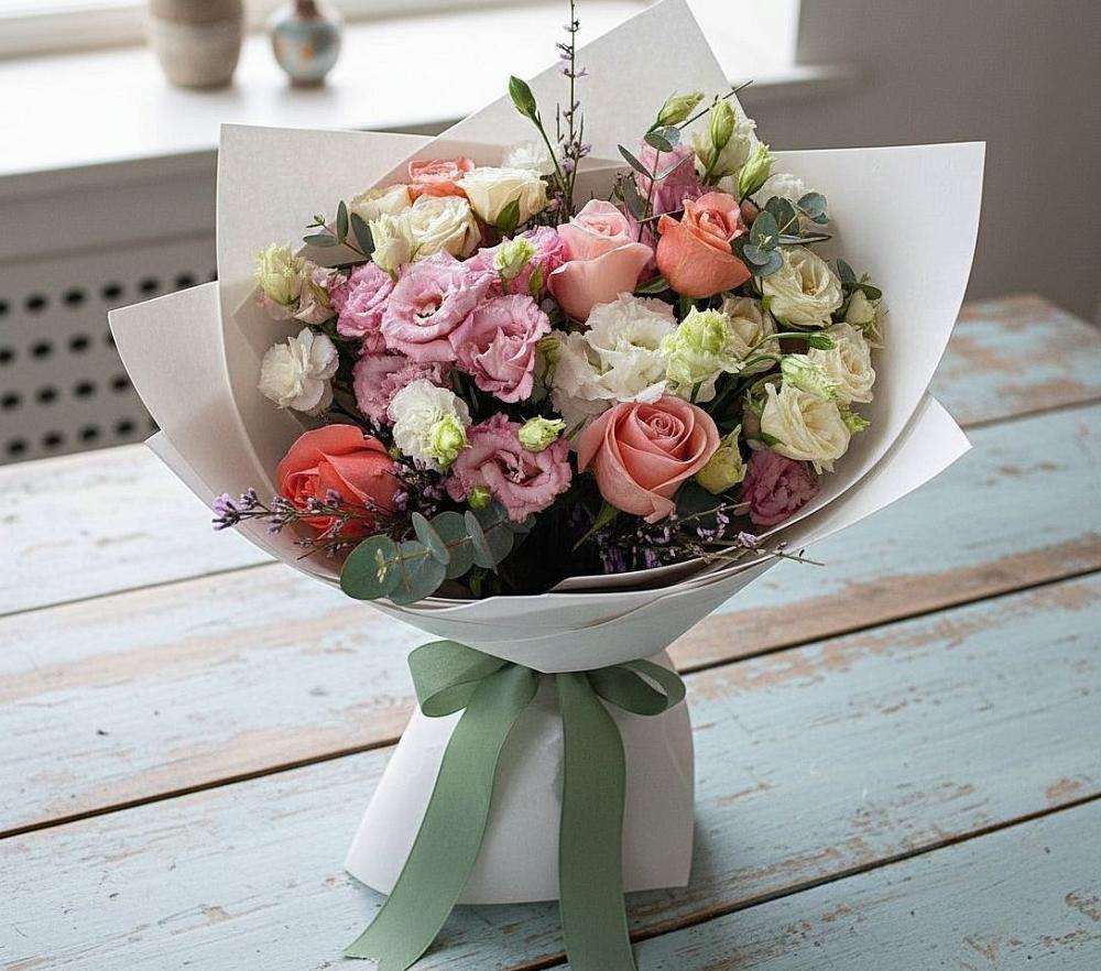 Букет цветов из: Розы, Лизиантусы и Гвоздики в Александровской Кадардино-Балкарской Республики