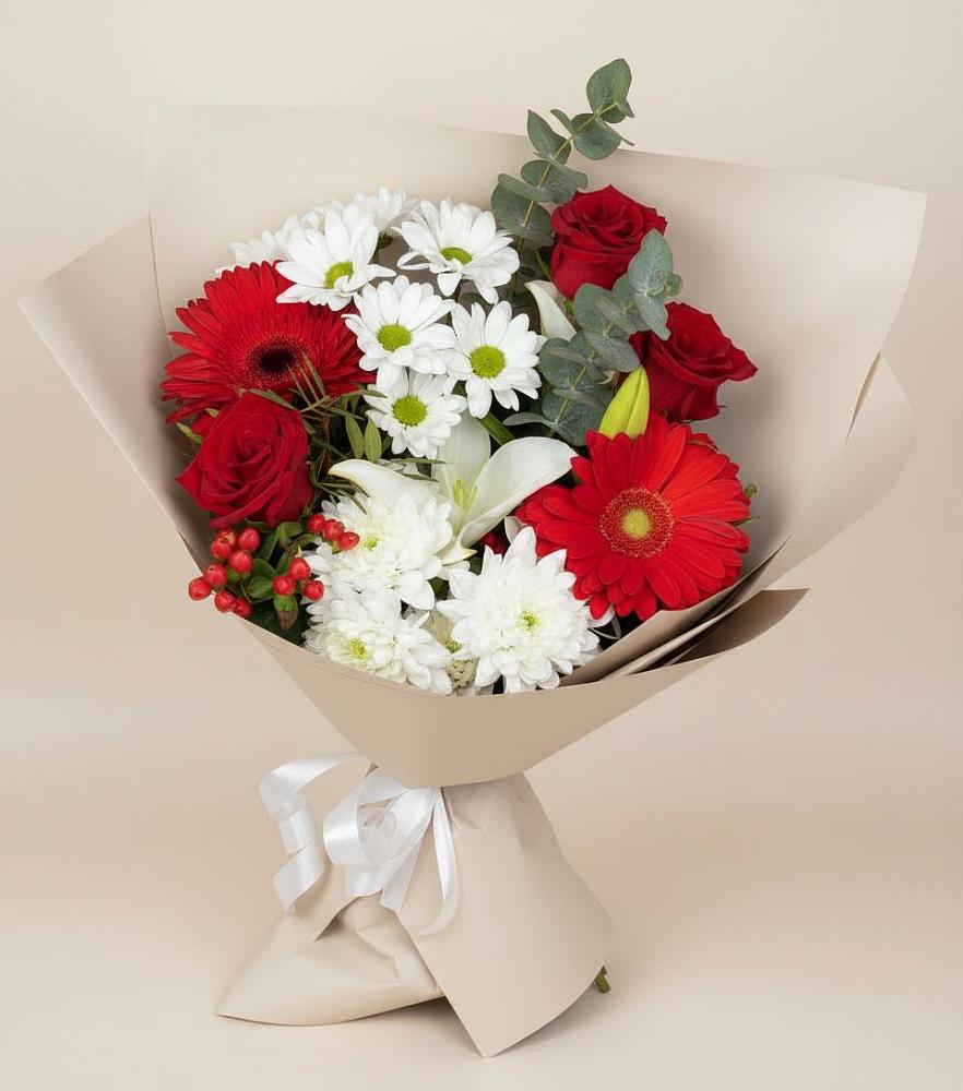 Букет цветов из: Розы, Хризантемы, Герберы и Лилии в Александровской Кадардино-Балкарской Республики
