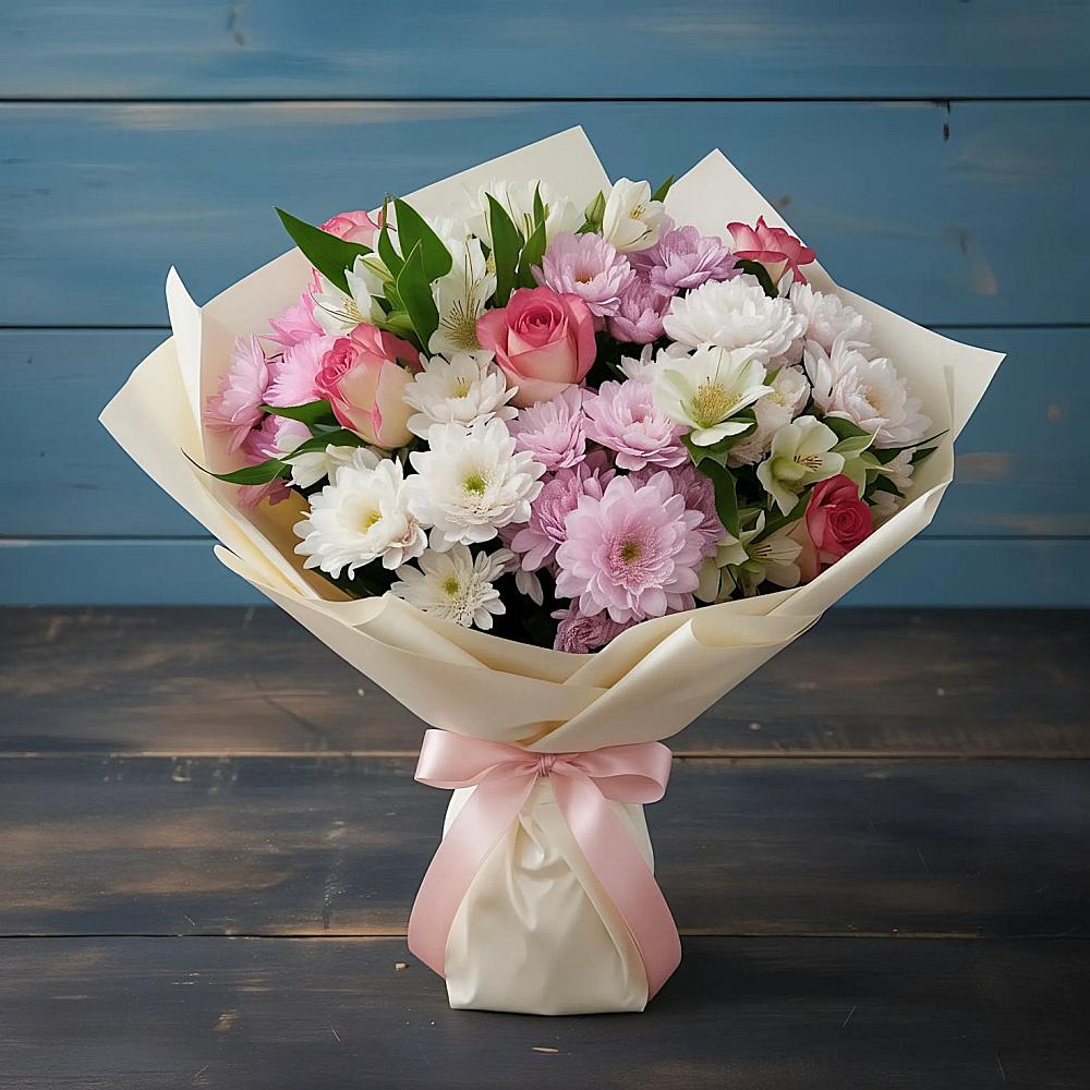 Букет цветов из: Хризантемы, Альстромерии и Розы в Александровской Кадардино-Балкарской Республики